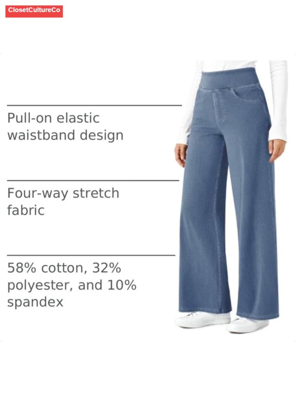 Wide Leg Stretchy Pull On Jeans High Waisted Denim Sweatpants - Picture 3 of 6